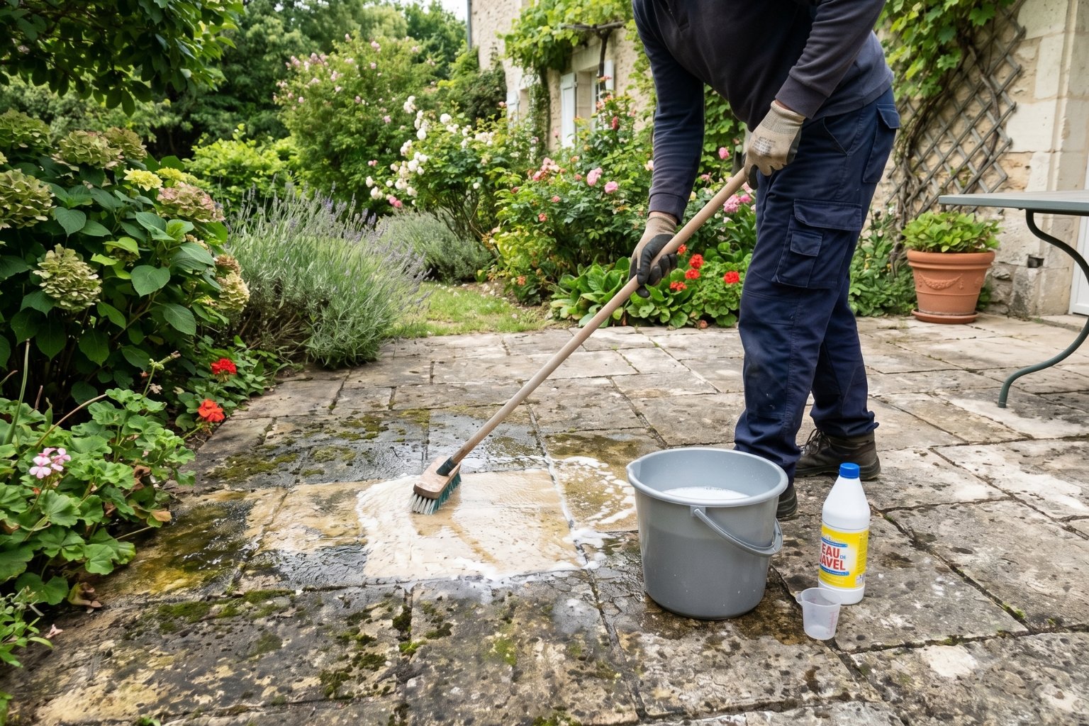 Combien de temps laisser agir eau de Javel sur une terrasse